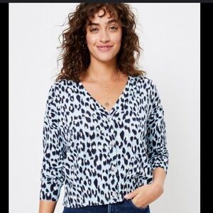 LOFT Blue and Black Leopard Print Button Down Cardigan Size Medium NWT